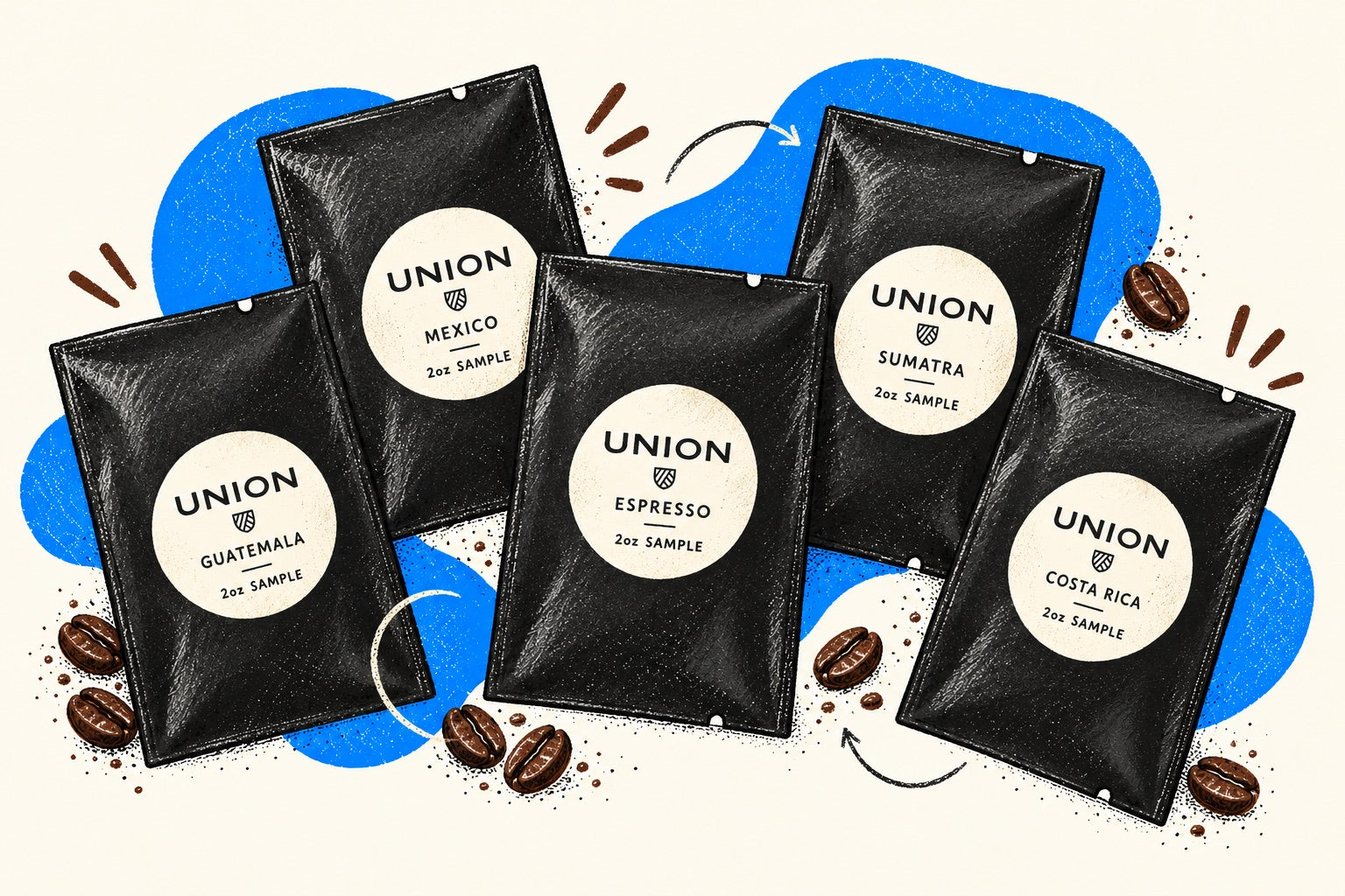Mix and match five Union black 2oz sample coffee pouches